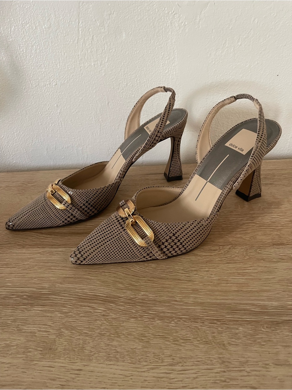 Dolce Vita Taupe Snake-Print Slingback Heels with Gold Buckle pointed toe 8